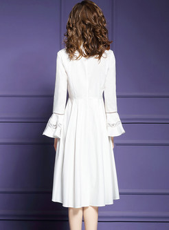 White Lapel Flare Sleeve Embroidered Slim Dress
