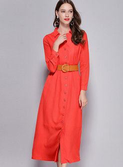 Trendy Red Long Sleeve Tie-waist Big Hem Maxi Dress