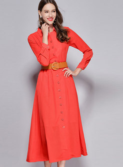 Trendy Red Long Sleeve Tie-waist Big Hem Maxi Dress