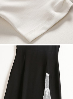Stylish Black-white Short Sleeve Knitted Dress With Slit Detail