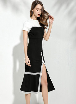 Stylish Black-white Short Sleeve Knitted Dress With Slit Detail