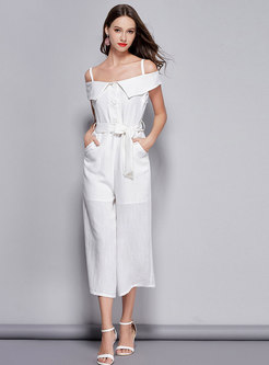 Chic Slash Neck White Self-tie Jumpsuit With Lining