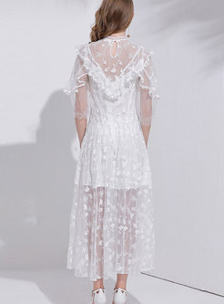 White Gauze Semi-sheer Lace-paneled Maxi Dress