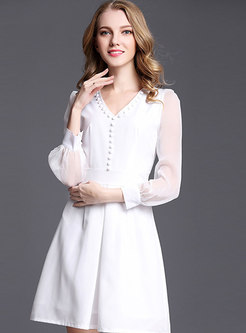 White V-neck Long Sleeve Skater Dress With Pearl Embellishment