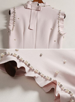 Pink Gathered Waist Flouncing A Line Dress With Beads