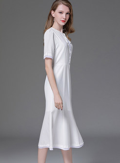 White Short Sleeve Tie-neck Button-front Dress