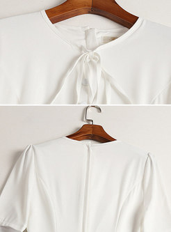 White Short Sleeve Tie-neck Button-front Dress