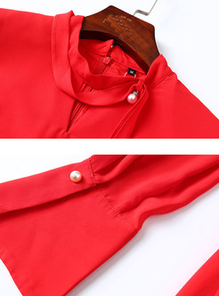 Red Standing Collar Long Sleeve Slit Skinny Dress