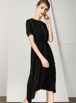 Black Tie-waist Short Sleeve Chiffon Irregular Dress