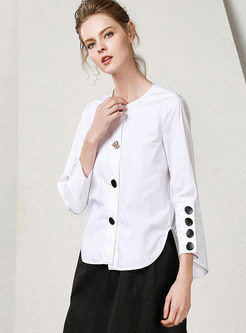 White Three Quarters Sleeve Single-breasted Blouse