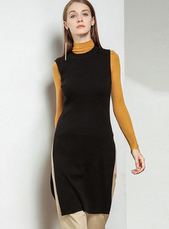 Fashion O-neck Sleeveless Slit Slim Knitted Dress