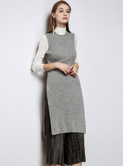 Pure Color O-neck Sleeveless Knitted Slim Dress