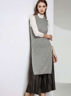 Pure Color O-neck Sleeveless Knitted Slim Dress