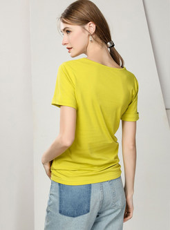 Brief O-neck Short Sleeve Sequined Slim T-shirt