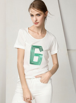 Casual O-neck Cotton Sequined Slim T-shirt