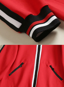 Red Zipper-front Striped Coat With Pockets