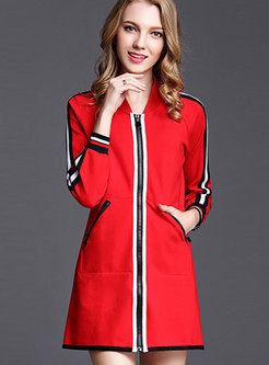Red Zipper-front Striped Coat With Pockets