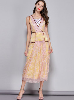 V-neck Color-block Lace Patchwork Backless Dress With Lining