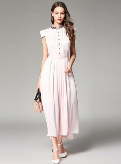 Elegant Pink Stand Collar Tie-waist Pleated Maxi Dress