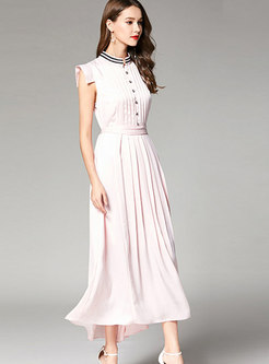 Elegant Pink Stand Collar Tie-waist Pleated Maxi Dress