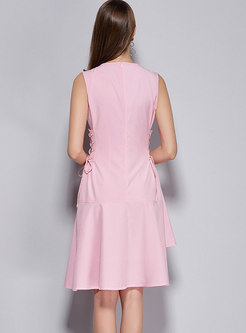 Pink Sleeveless Gathered Waist Asymmetric Dress With Drawstring 