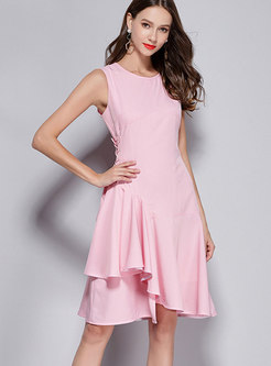 Pink Sleeveless Gathered Waist Asymmetric Dress With Drawstring 
