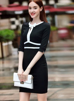 Tie-neck Bowknot Black-white Blocked Knitted Dress