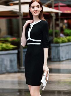 Tie-neck Bowknot Black-white Blocked Knitted Dress