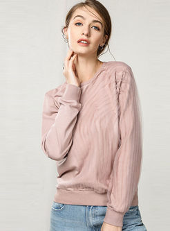 Mesh Splicing Solid Color O-neck Knitted Sweater