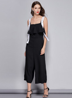 Casual Off Shoulder Falbala Patchwork Jumpsuit With Metal Decoration