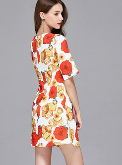 Fashion Round Neck All Over Print A Line Dress