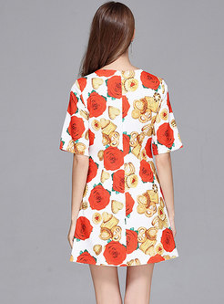 Fashion Round Neck All Over Print A Line Dress