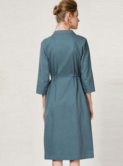 Elegant Double-breasted Notched Gathered Waist A Line Dress