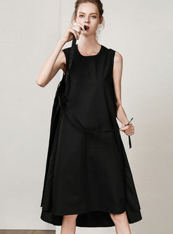 Black Sleeveless O-neck Asymmetric Belted Dress