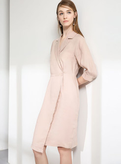Solid Color Notched Cotton And Linen Asymmetric Dress