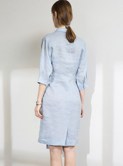 Solid Color Notched Cotton And Linen Asymmetric Dress
