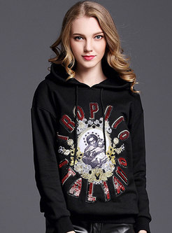 Black Hooded Embroidered Loose Hoodies With Sequin Detail