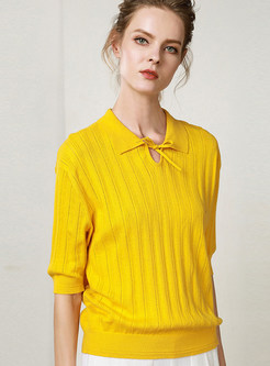 Solid Color Lapel Tied Pullover Half Sleeve Knitted Top