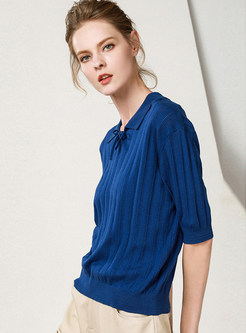 Solid Color Lapel Tied Pullover Half Sleeve Knitted Top