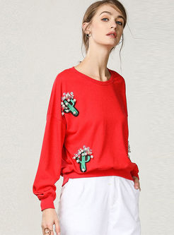 Fashionable Embroidered O-neck Loose Sweatshirt