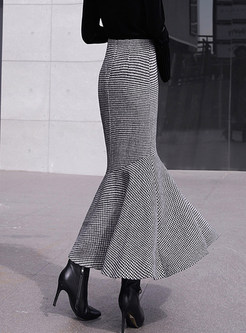 Trendy Woollen Plaid Flouncing Bodycon Skirt