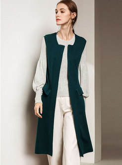 Trendy Green Sleeveless Loose Vest Knitted Cardigan