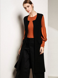 Trendy Black Sleeveless Knee-length Vest Knitted Cardigan