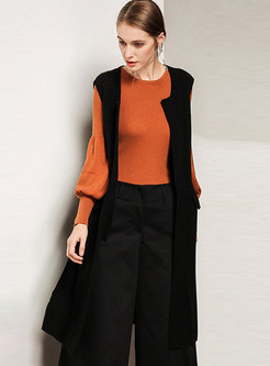 Trendy Black Sleeveless Knee-length Vest Knitted Cardigan