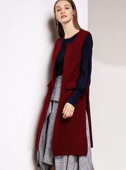 Fashion Wine Red Sleeveless Loose Vest Knitted Cardigan