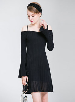 Sexy Black Off Shoulder High Waist Flare Sleeve Dress