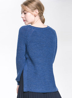 V-neck Wool Knitted Sweater With Side-Slit