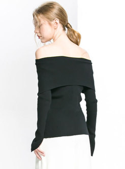 Stylish Black Slash Neck Paneled Long Sleeve Sweater