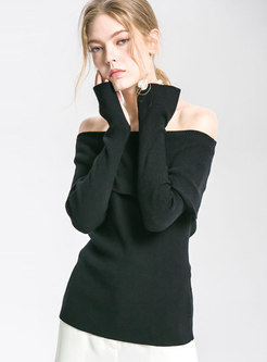 Stylish Black Slash Neck Paneled Long Sleeve Sweater