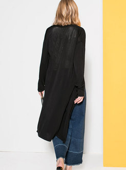 Casual Black Knitted Zip-up Sunscreen Coat With Side-Slit